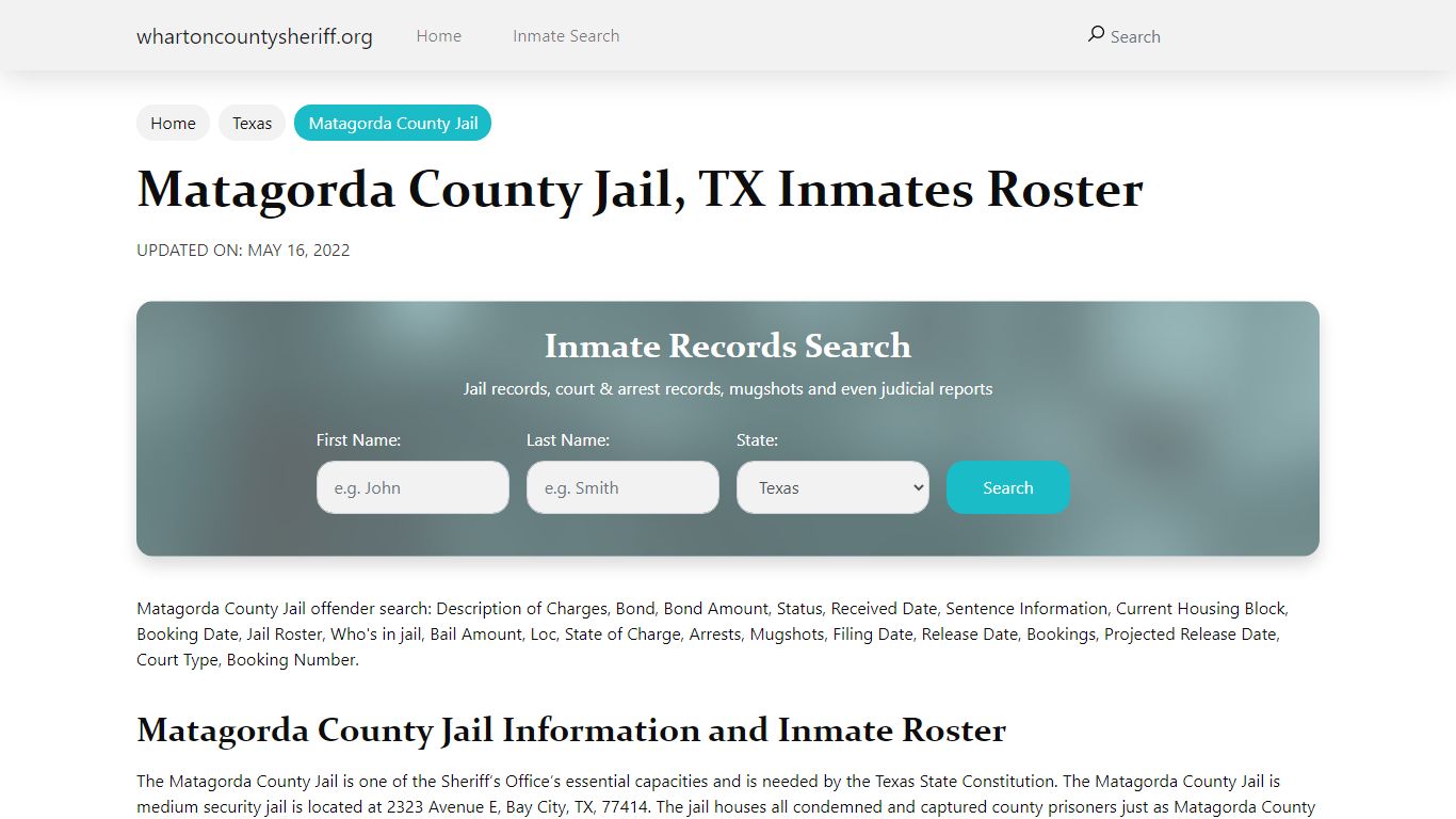 Matagorda County Jail, TX Jail Roster, Name Search